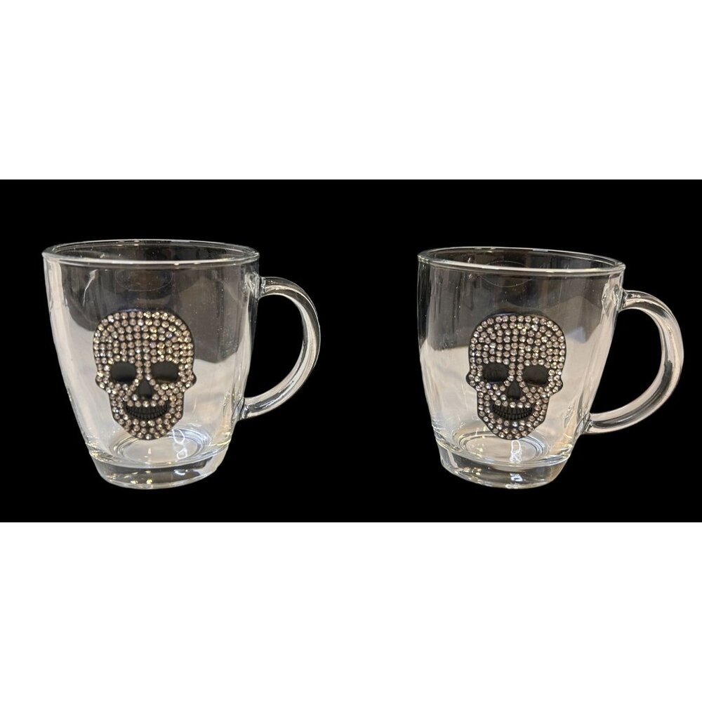 NEW Sugar Skulls Rhinestone Embellished Clear Glass 12oz Coffee Mugs Set-2